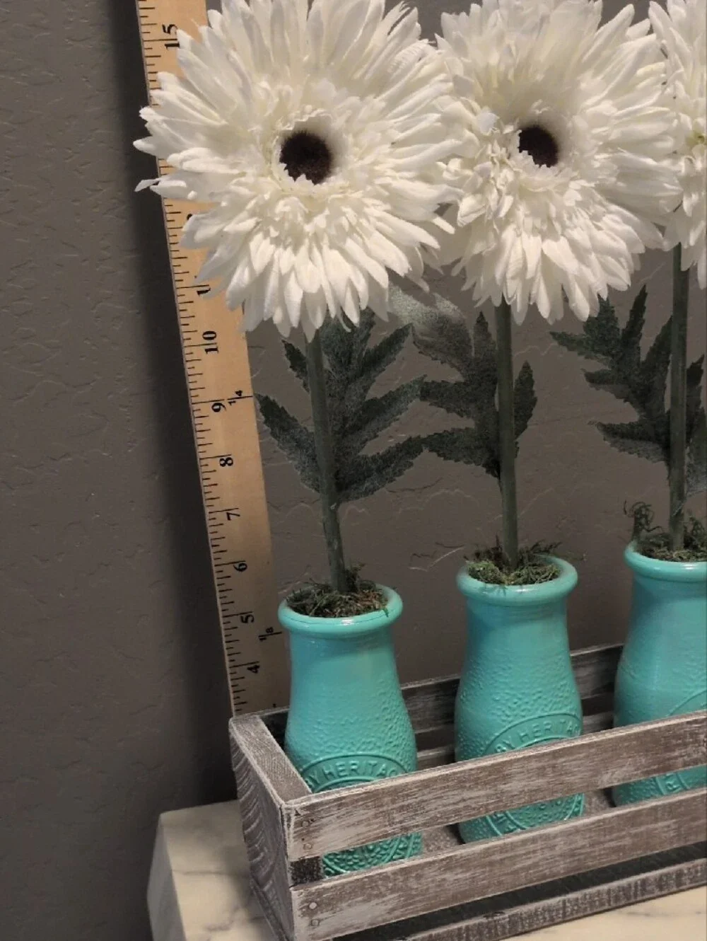 Home Accents Turquoise Vase Trio with White Faux Flowers & Wooden Crate